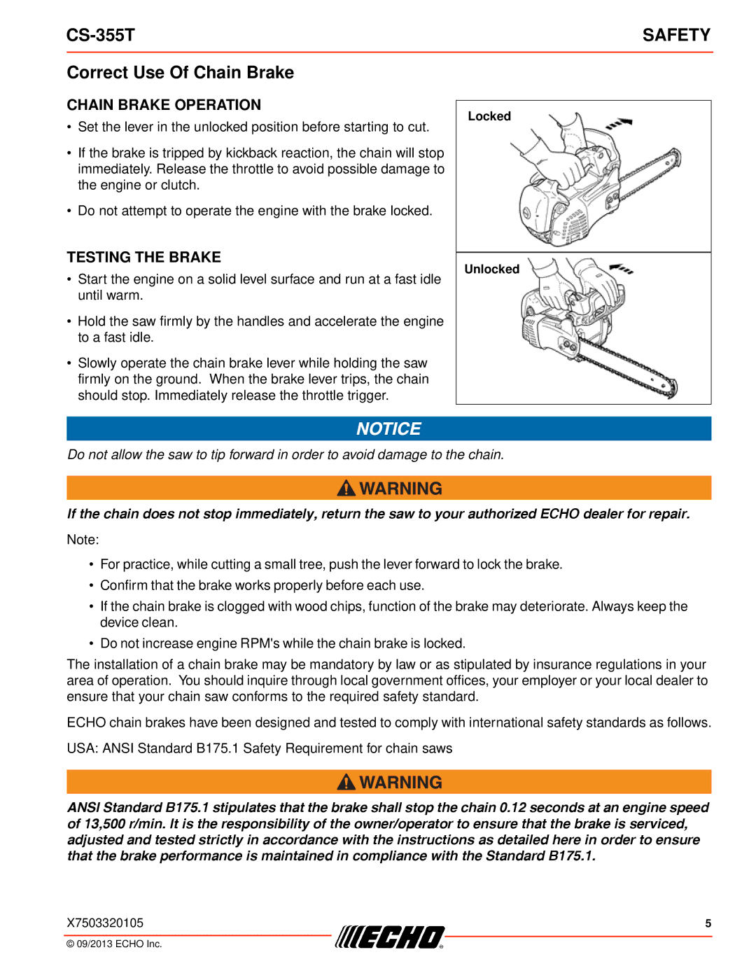 Echo CS-355T instruction manual Correct Use Of Chain Brake, Chain Brake Operation 