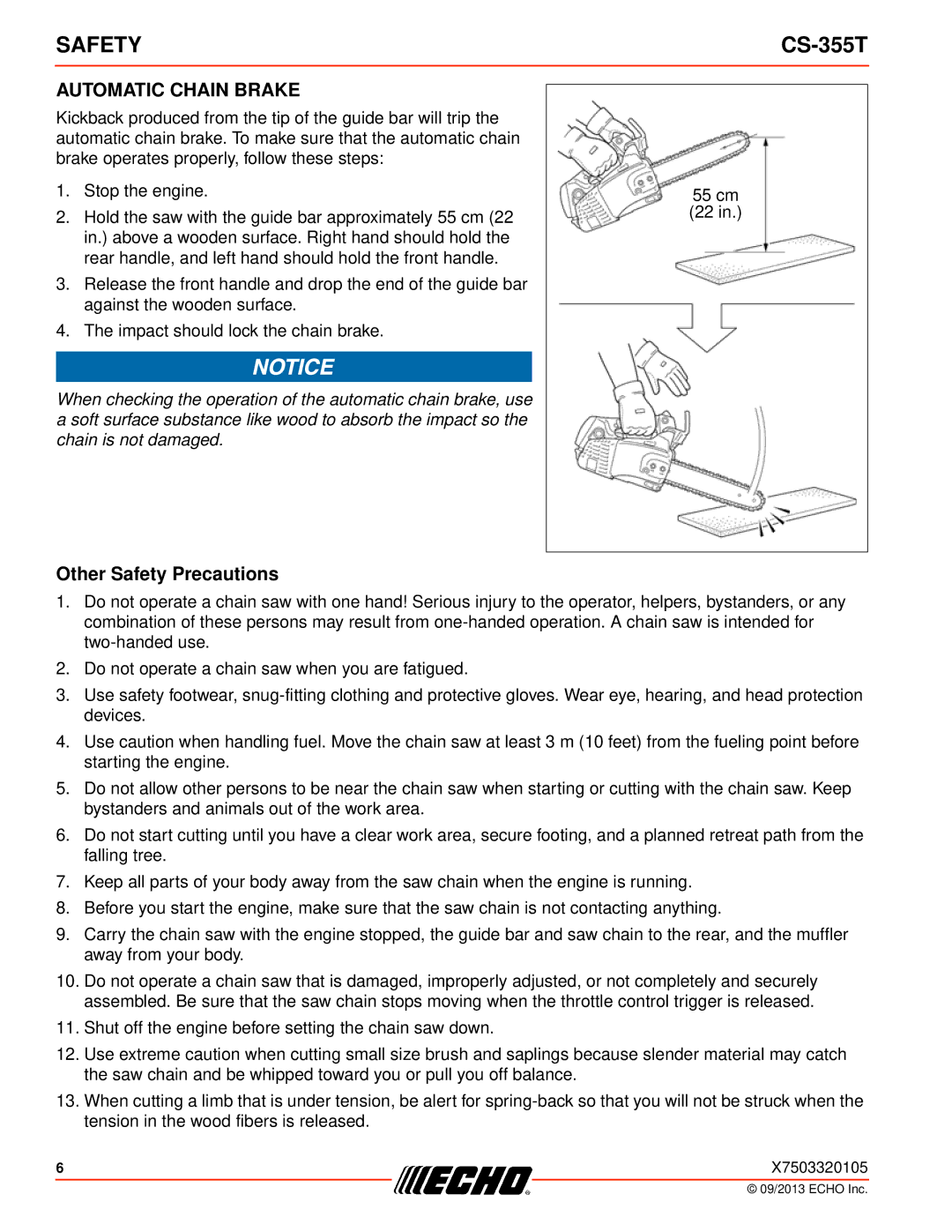 Echo CS-355T instruction manual Automatic Chain Brake, Other Safety Precautions 