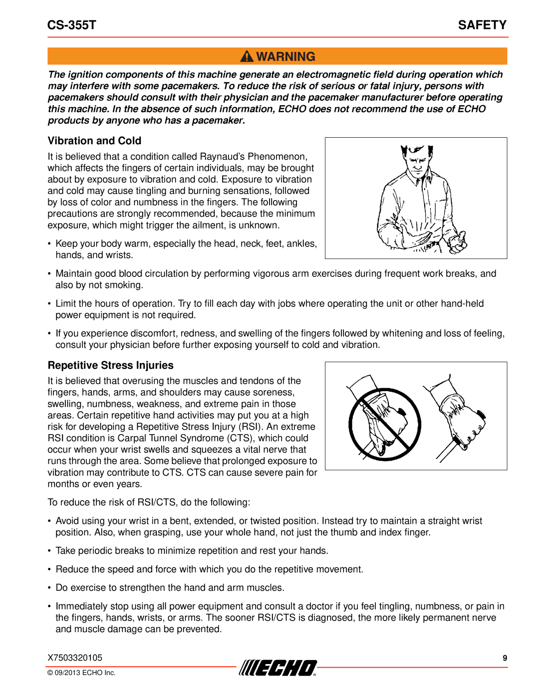 Echo CS-355T instruction manual Vibration and Cold, Repetitive Stress Injuries 