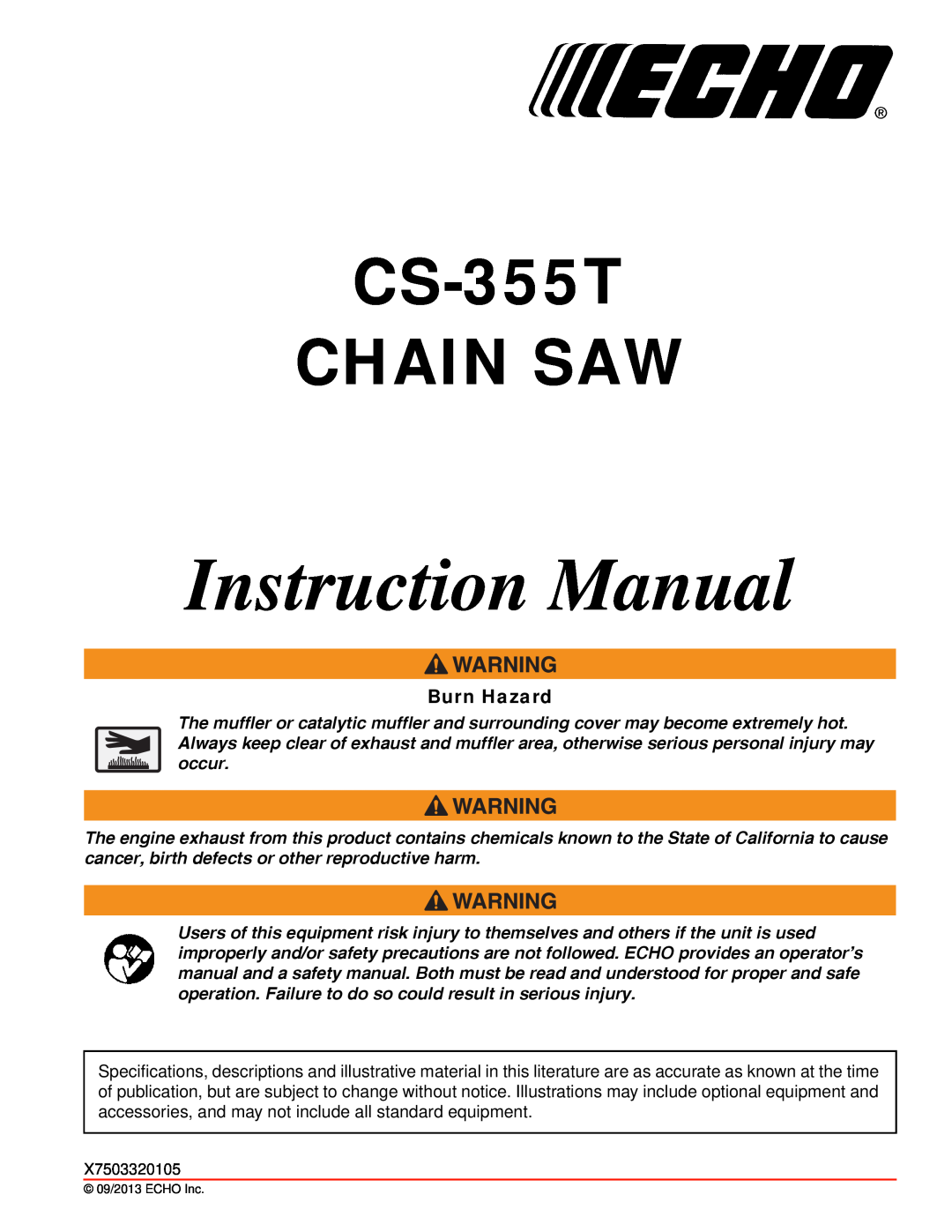 Echo instruction manual Burn Hazard, CS-355T CHAIN SAW 