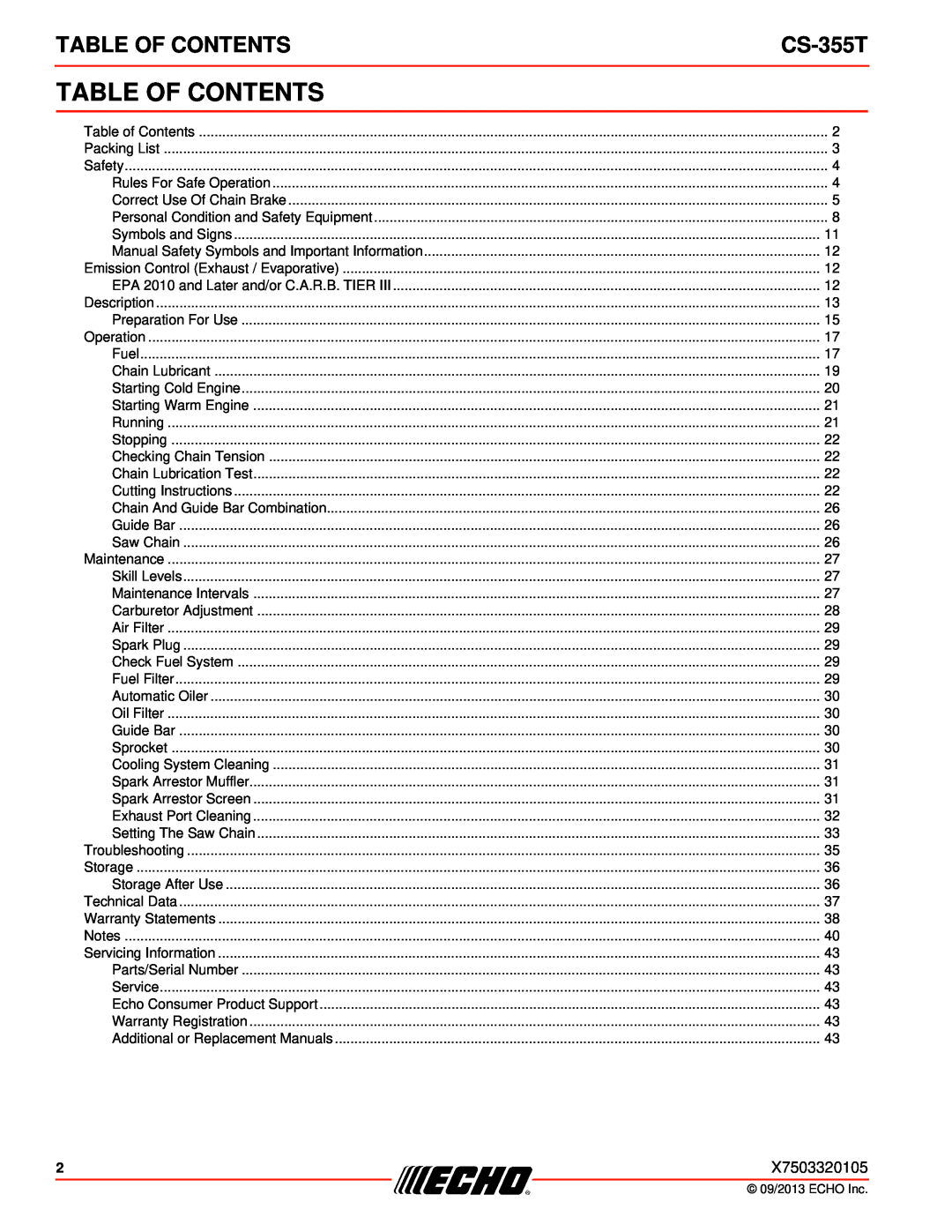 Echo CS-355T instruction manual Table Of Contents 