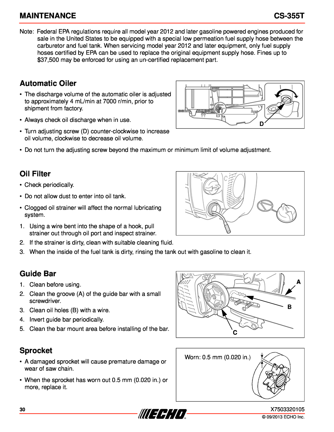 Echo CS-355T instruction manual Automatic Oiler, Oil Filter, Sprocket, A B C, Maintenance, Guide Bar 