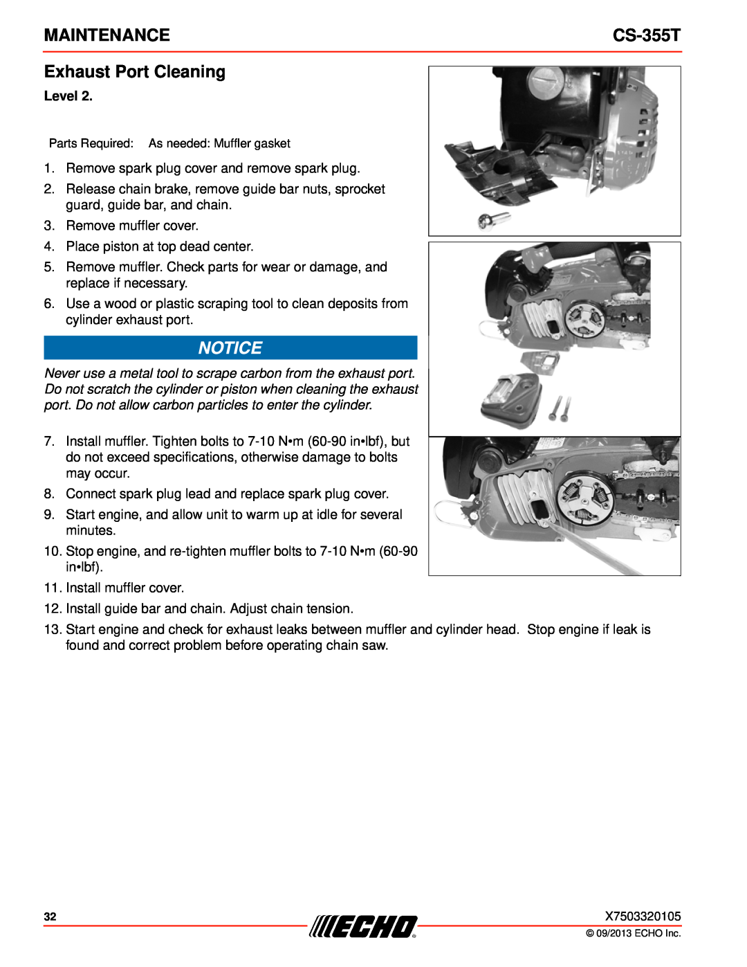Echo CS-355T instruction manual Exhaust Port Cleaning, Level, Maintenance 