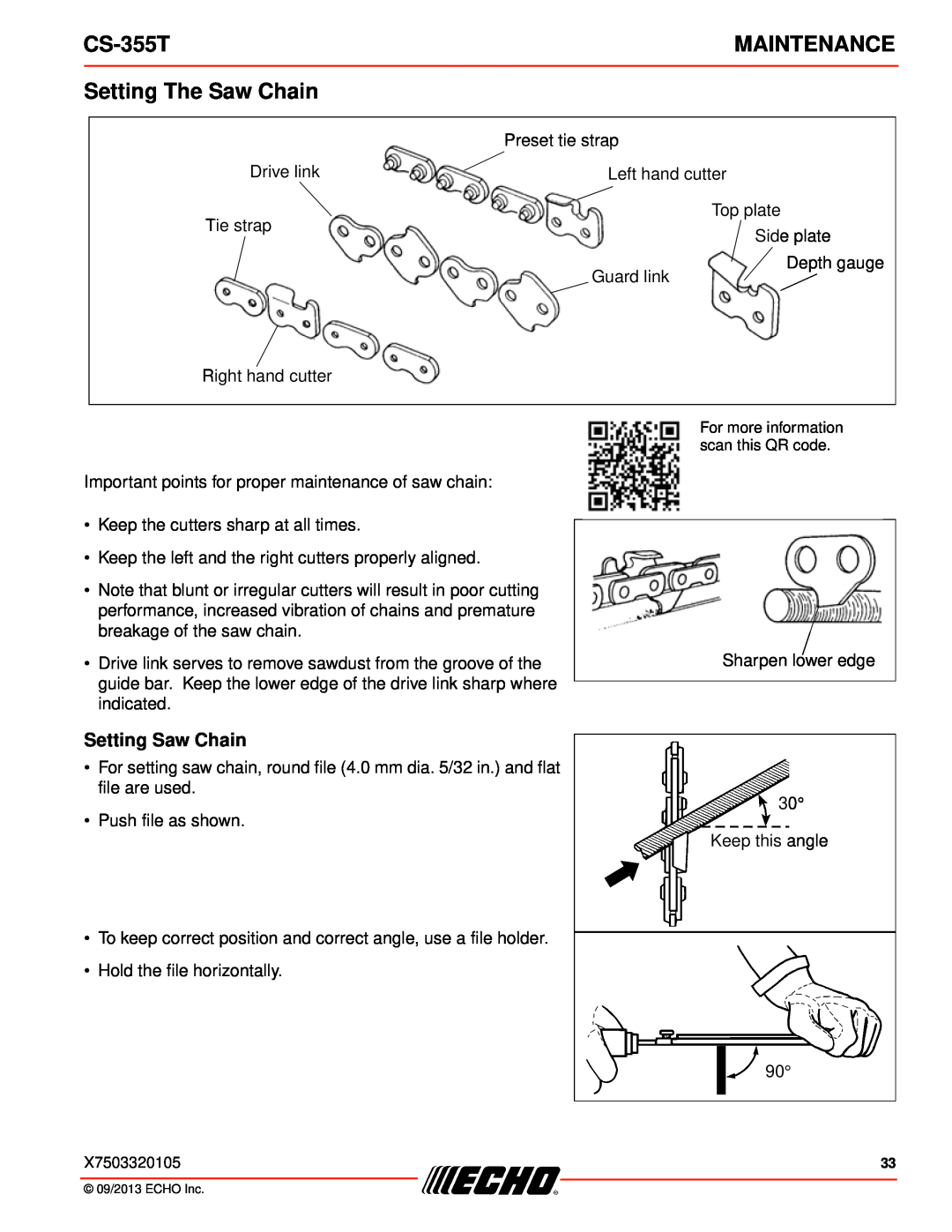 Echo CS-355T instruction manual Setting The Saw Chain, Setting Saw Chain, Maintenance 