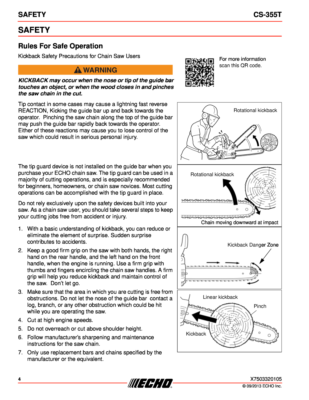 Echo CS-355T instruction manual Safety, Rules For Safe Operation 