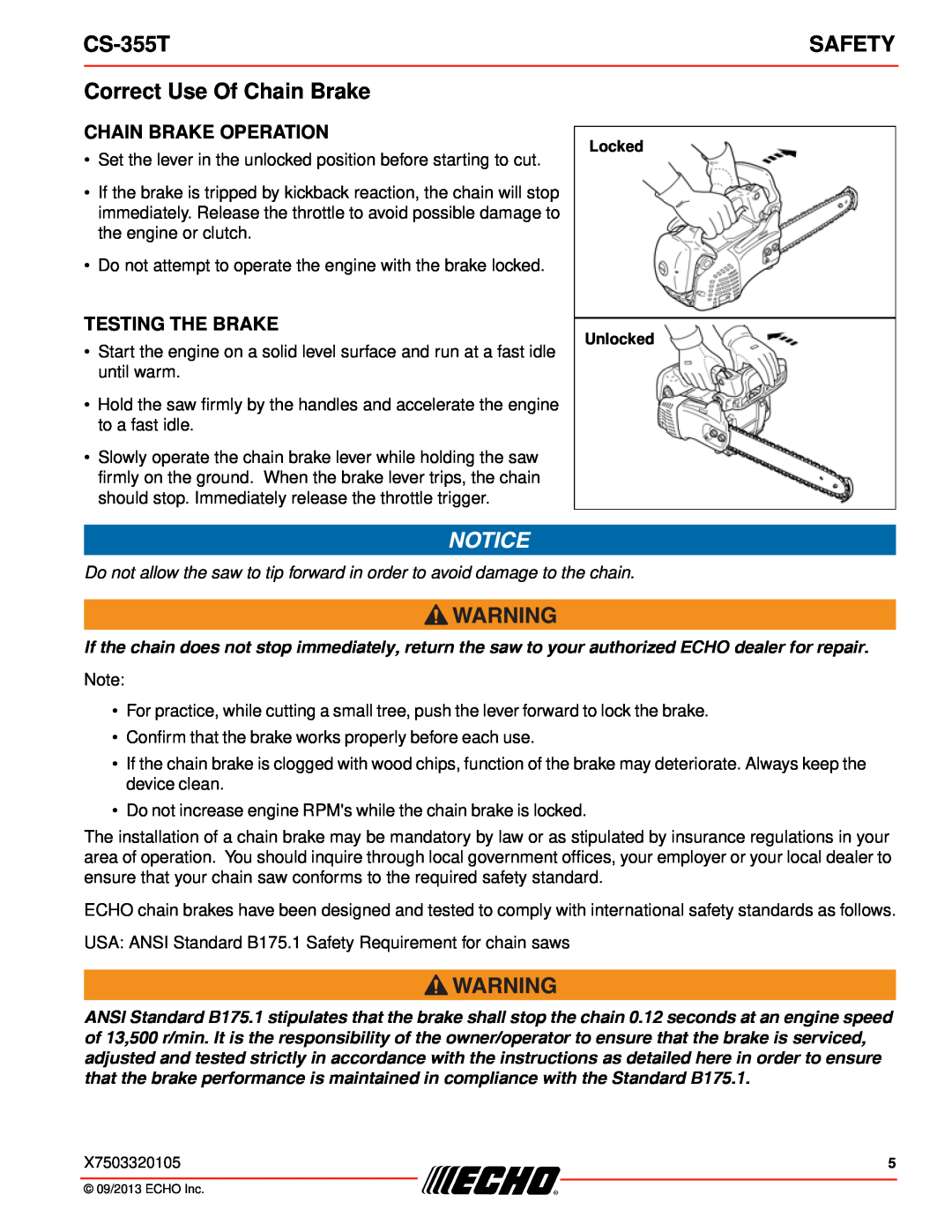 Echo CS-355T instruction manual Correct Use Of Chain Brake, Safety, Chain Brake Operation, Testing The Brake 