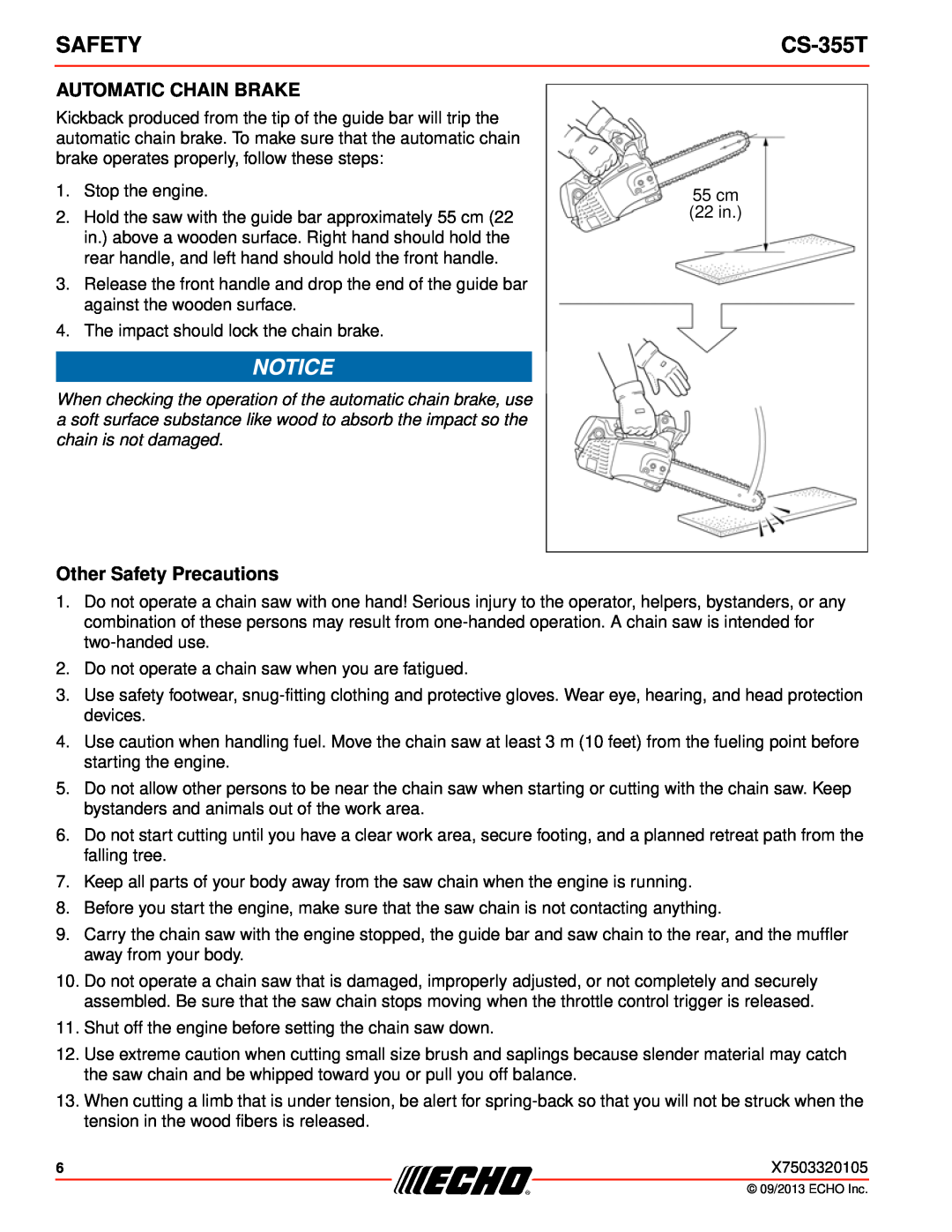 Echo CS-355T instruction manual Automatic Chain Brake, Other Safety Precautions 
