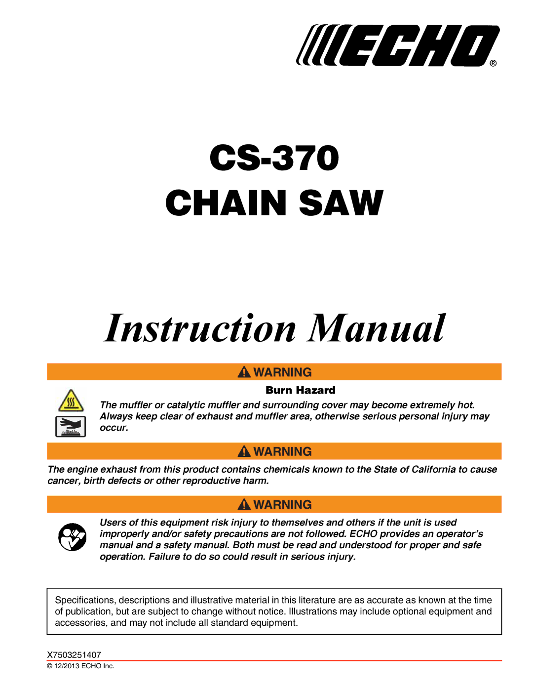 Echo CS-370 instruction manual Chain SAW, Burn Hazard 