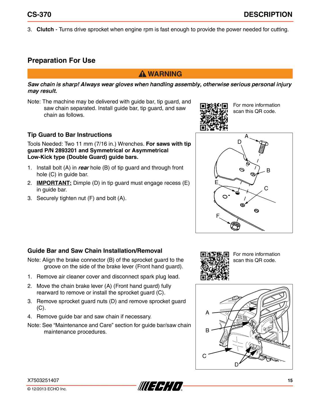 Echo CS-370 Preparation For Use, Tip Guard to Bar Instructions, Guide Bar and Saw Chain Installation/Removal 