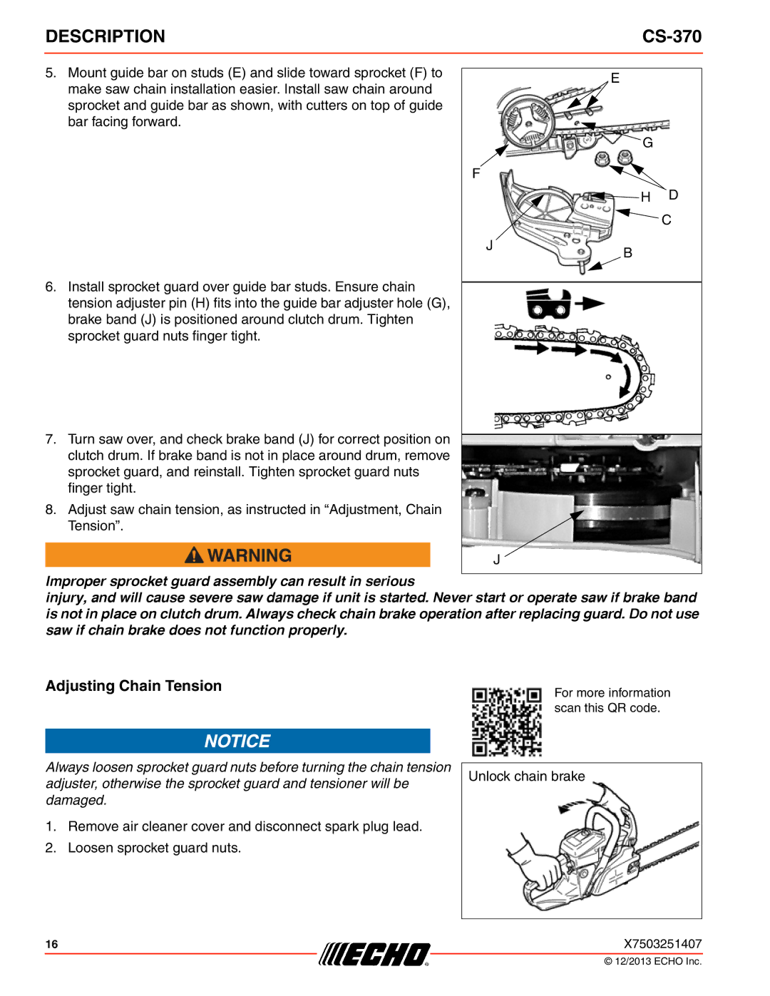 Echo CS-370 instruction manual Adjusting Chain Tension 