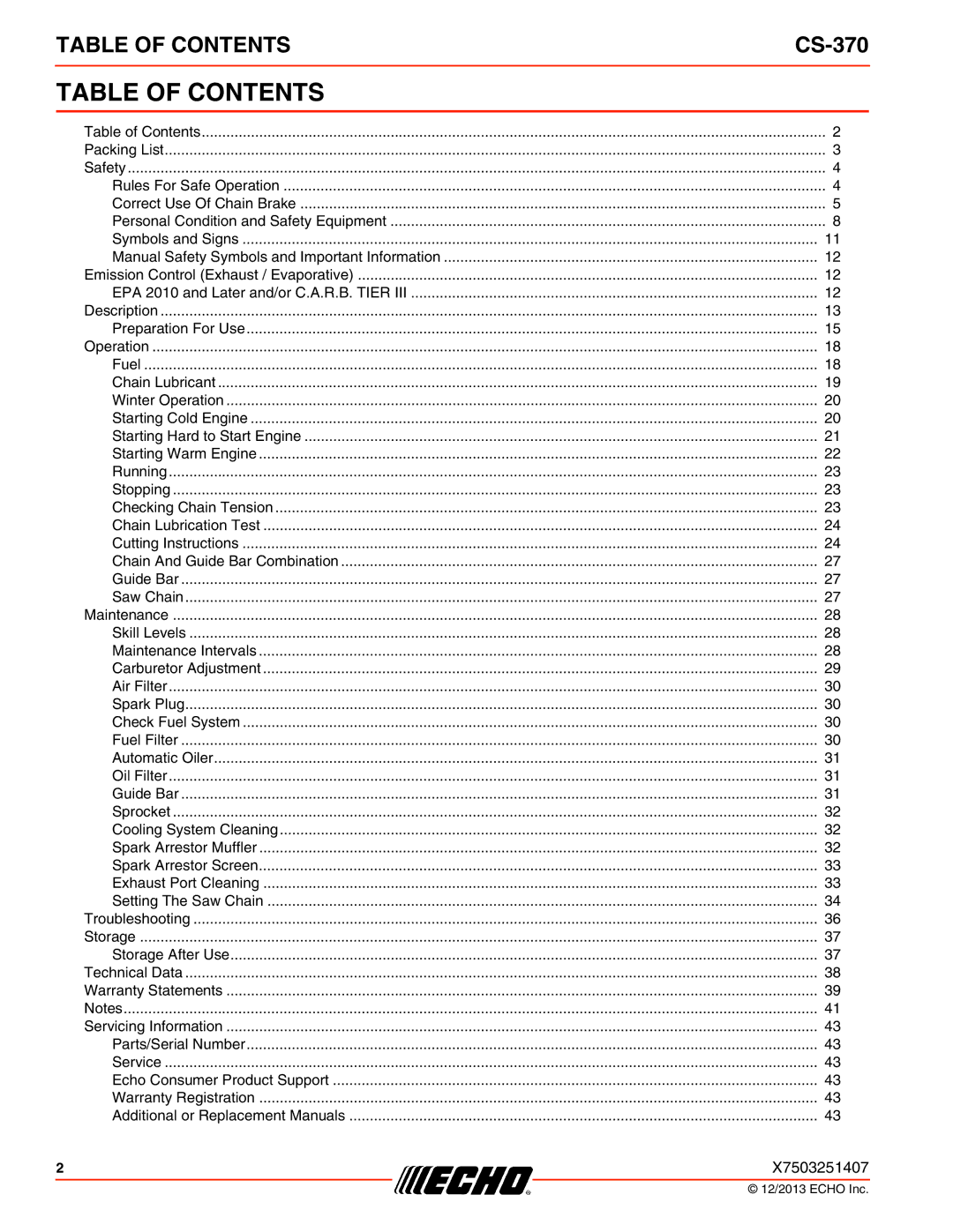 Echo CS-370 instruction manual Table of Contents 