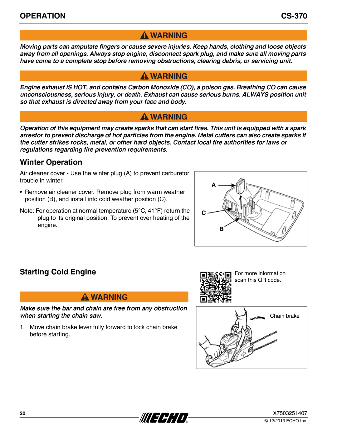 Echo CS-370 instruction manual Winter Operation, Starting Cold Engine 