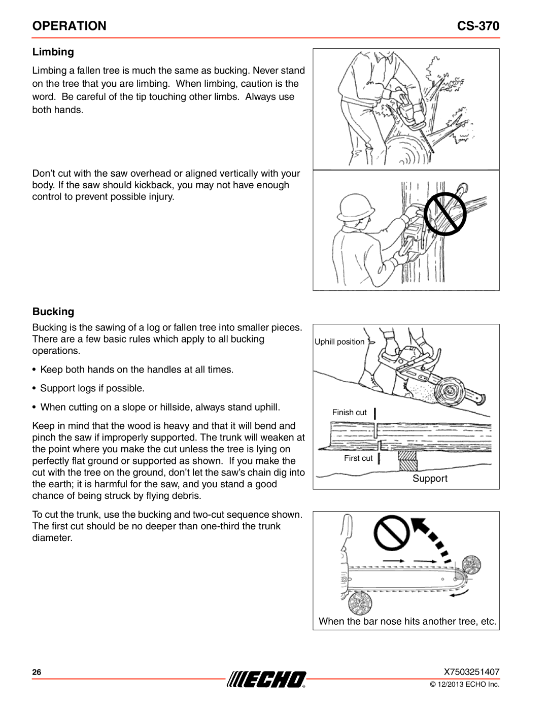 Echo CS-370 instruction manual Limbing, Bucking 