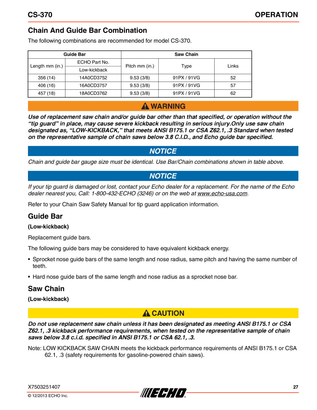 Echo CS-370 instruction manual Chain And Guide Bar Combination, Saw Chain 