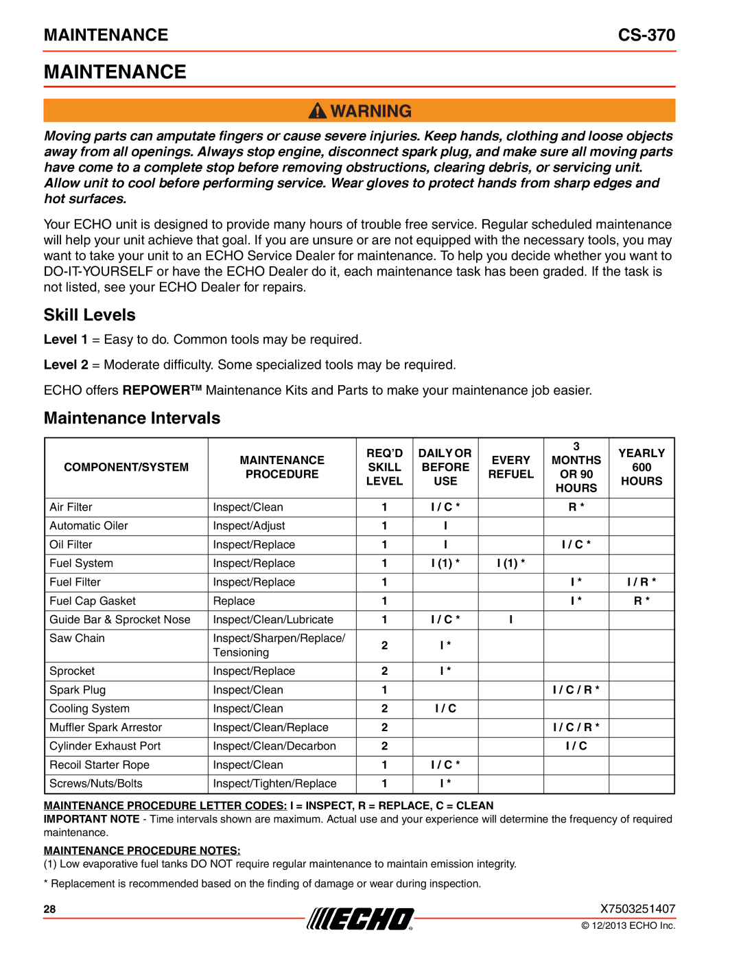 Echo CS-370 instruction manual Skill Levels, Maintenance Intervals 