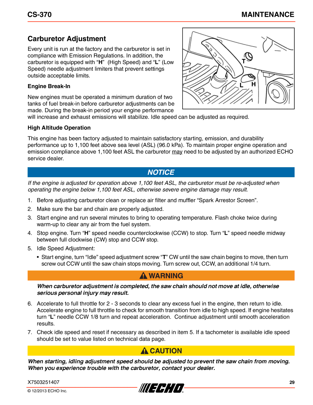 Echo CS-370 instruction manual Carburetor Adjustment, Engine Break-In 