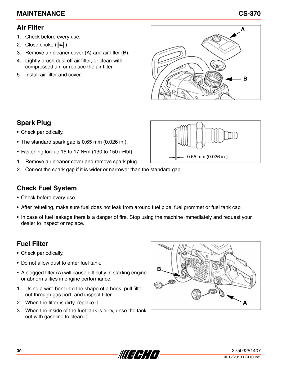 Echo CS-370 instruction manual Air Filter, Spark Plug, Check Fuel System, Fuel Filter 