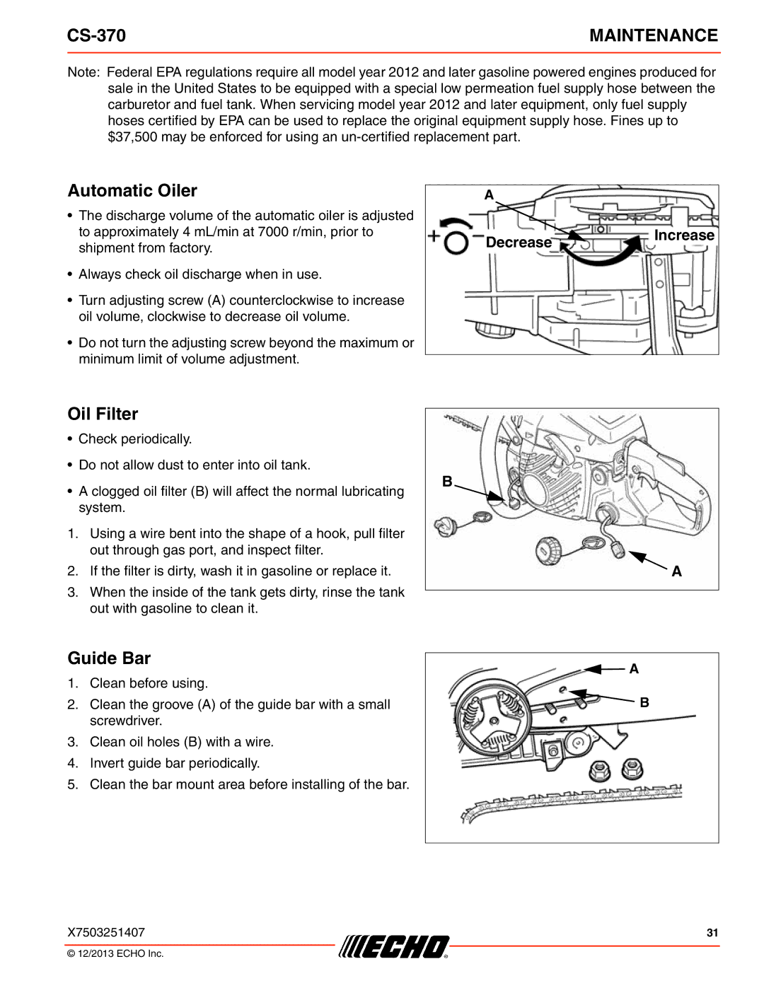 Echo CS-370 instruction manual Automatic Oiler, Oil Filter, Decrease Increase 