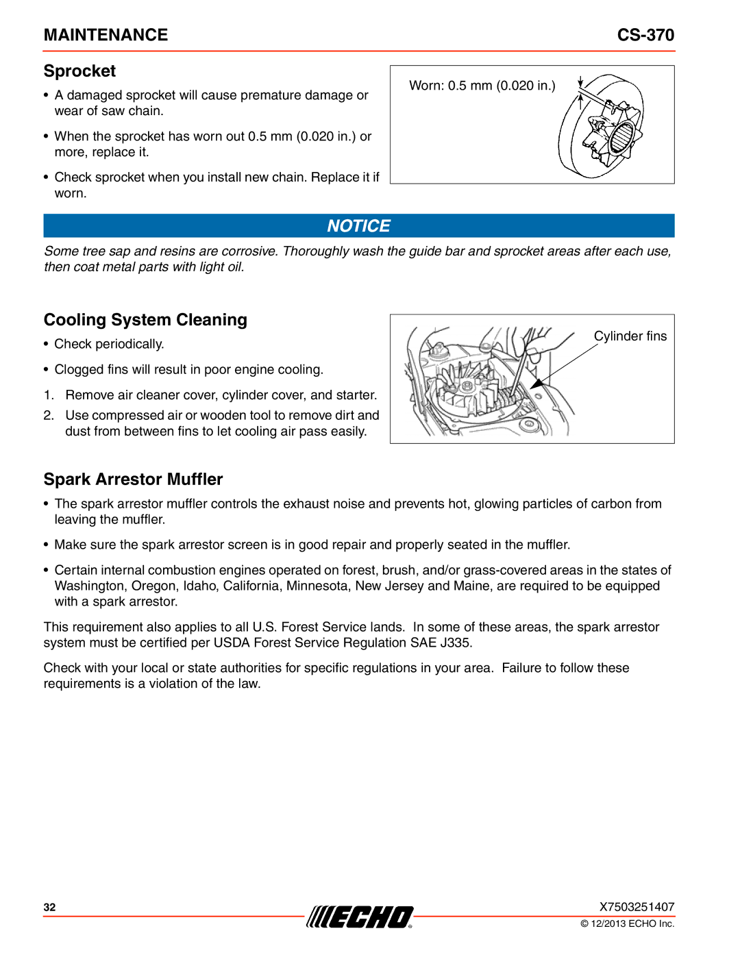 Echo CS-370 instruction manual Sprocket, Cooling System Cleaning, Spark Arrestor Muffler 