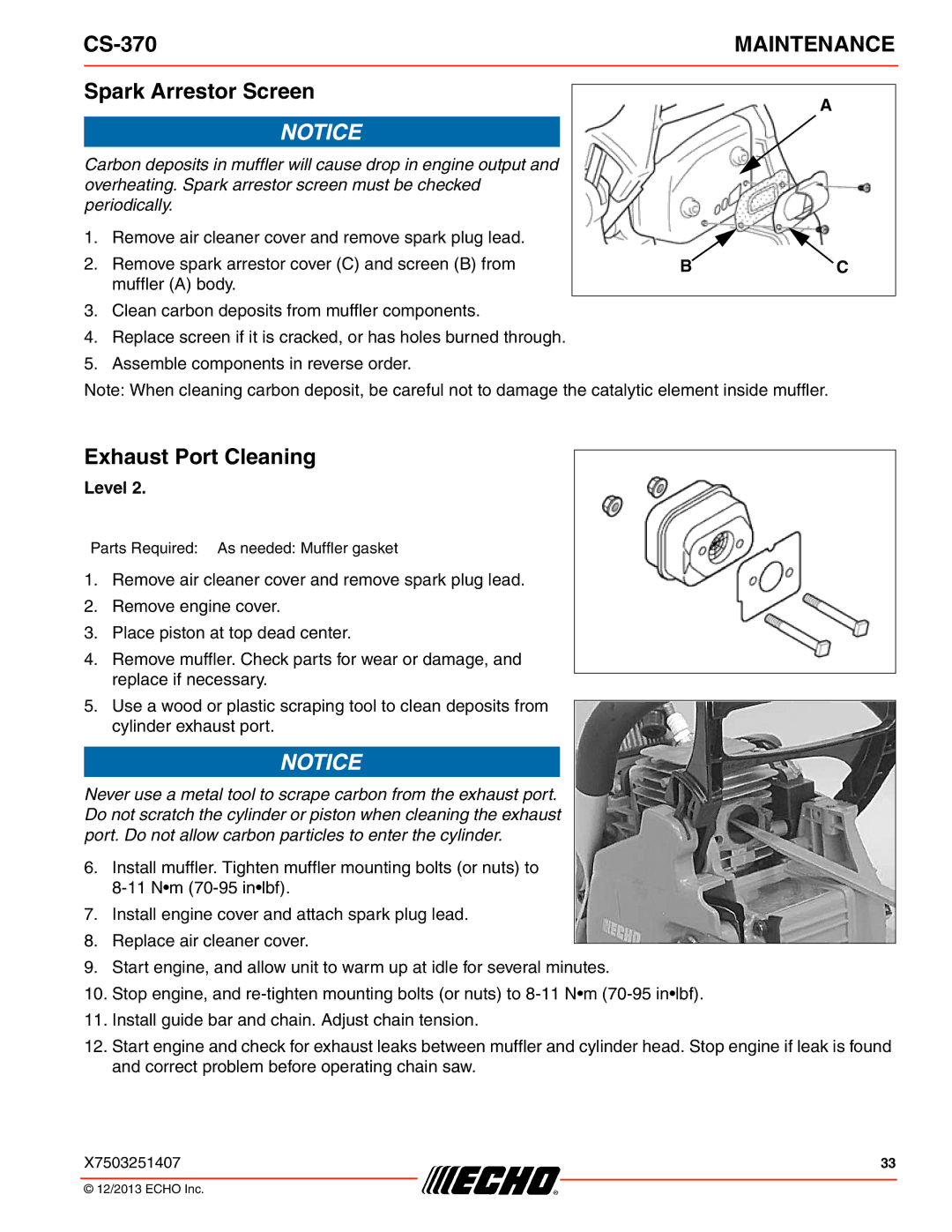 Echo CS-370 instruction manual Spark Arrestor Screen, Exhaust Port Cleaning 