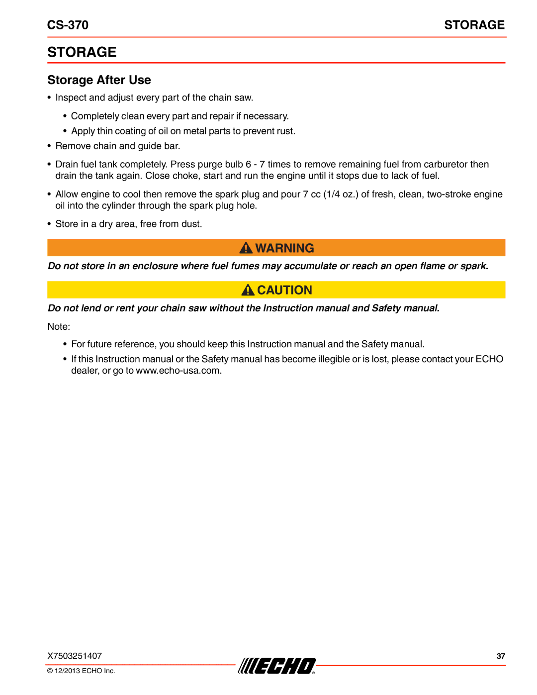 Echo CS-370 instruction manual Storage After Use 