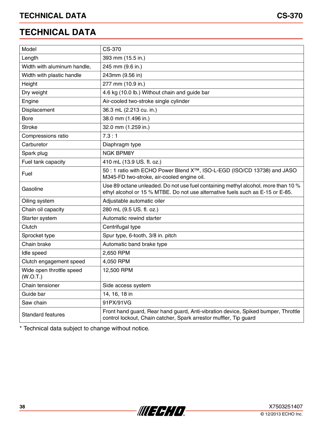 Echo CS-370 instruction manual Technical Data, NGK BPM8Y 