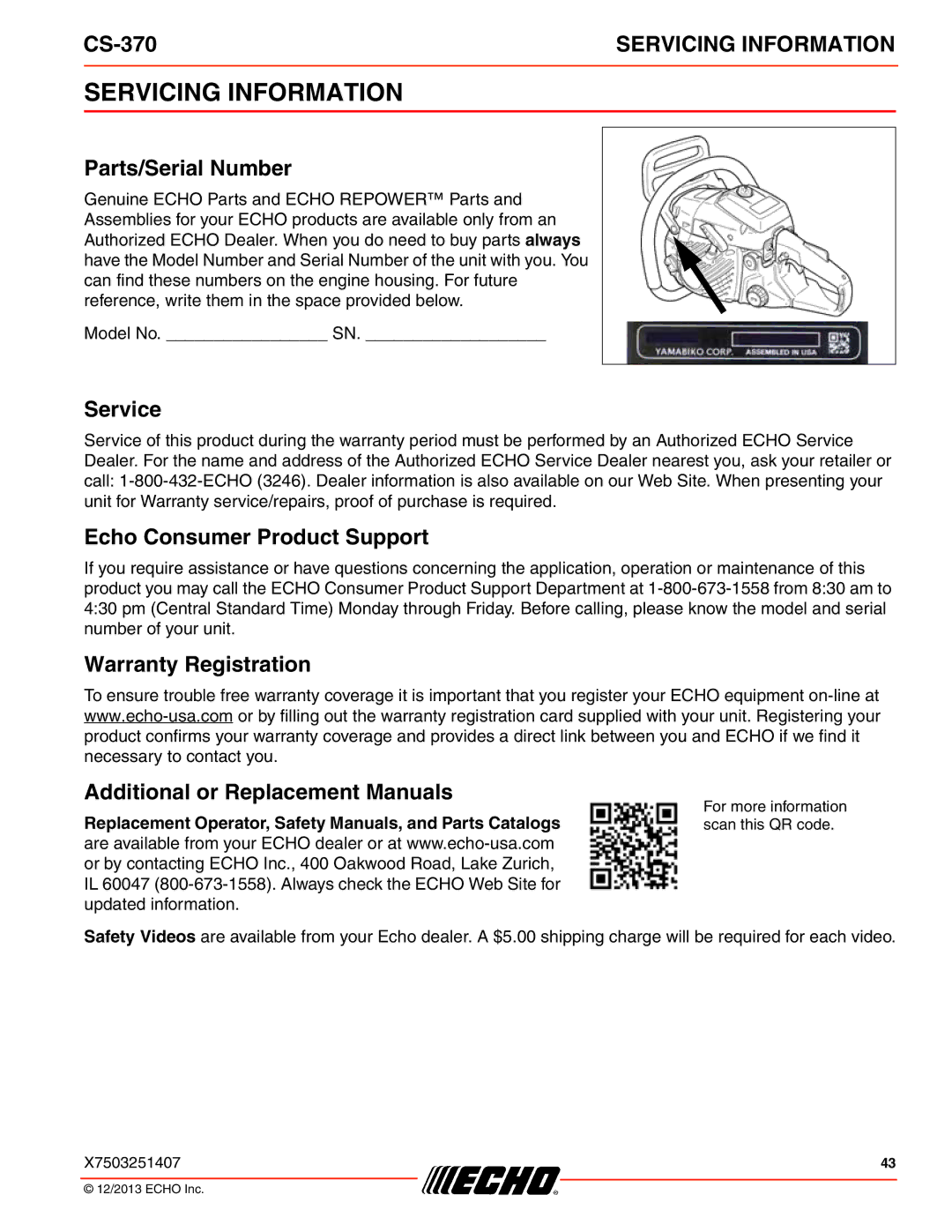 Echo CS-370 instruction manual Servicing Information, Parts/Serial Number, Service, Echo Consumer Product Support 