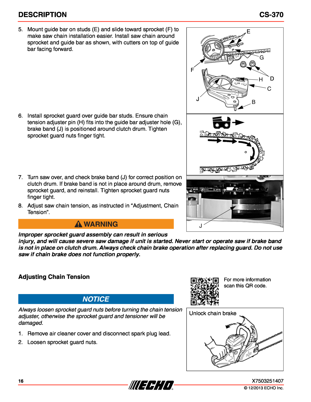 Echo CS-370 instruction manual Adjusting Chain Tension, Description 