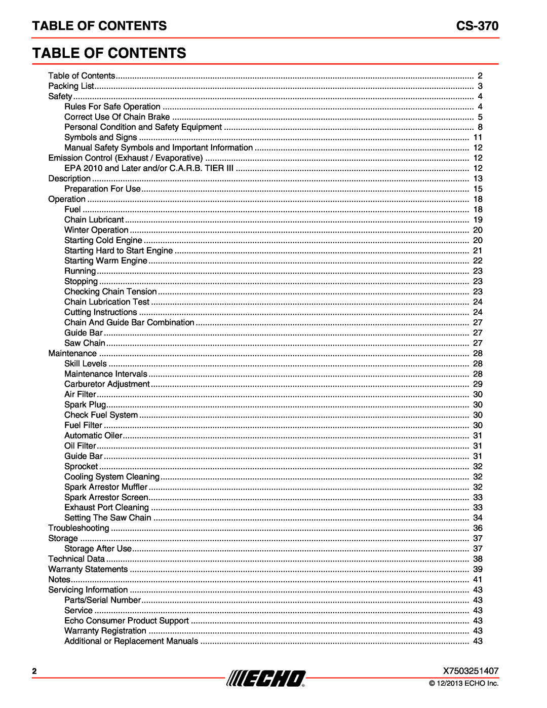 Echo CS-370 instruction manual Table Of Contents 
