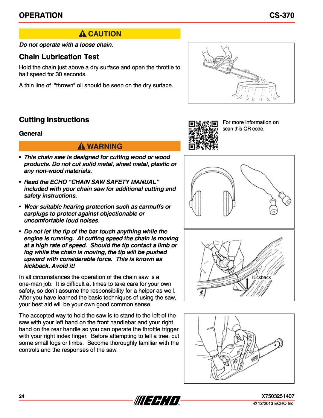 Echo CS-370 instruction manual Chain Lubrication Test, Cutting Instructions, General, Operation 