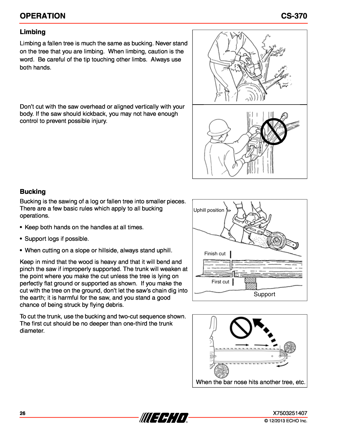 Echo CS-370 instruction manual Limbing, Bucking, Operation 