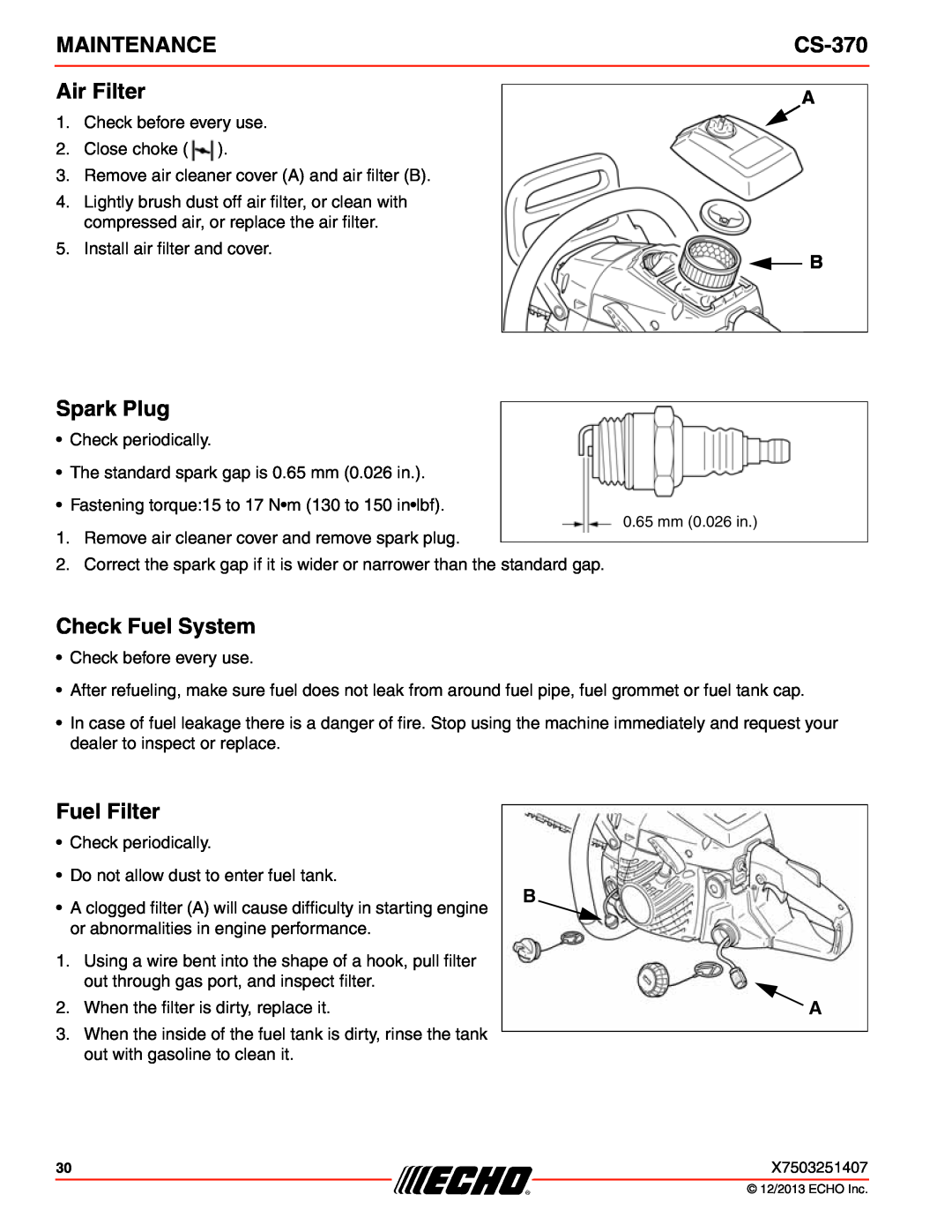 Echo CS-370 instruction manual Air Filter, Spark Plug, Check Fuel System, Fuel Filter, Maintenance 