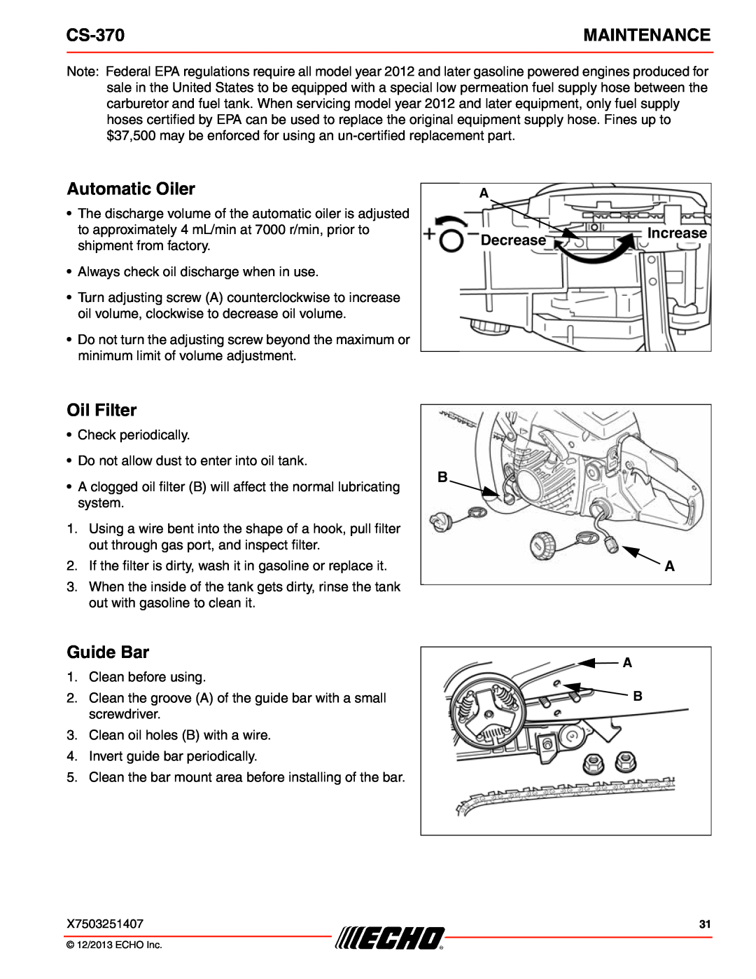 Echo CS-370 instruction manual Automatic Oiler, Oil Filter, Decrease Increase, Maintenance, Guide Bar 