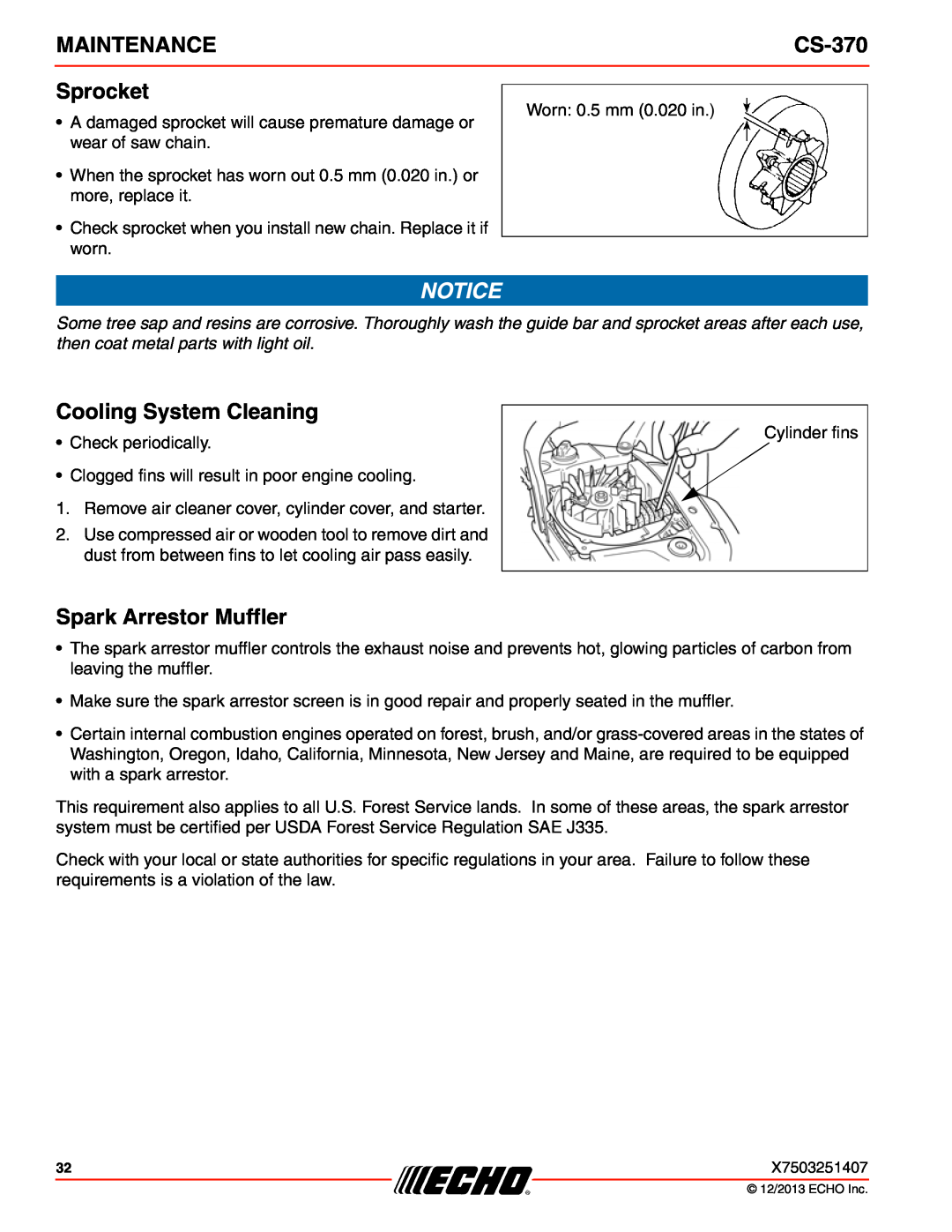 Echo CS-370 instruction manual Sprocket, Cooling System Cleaning, Spark Arrestor Muffler, Maintenance 