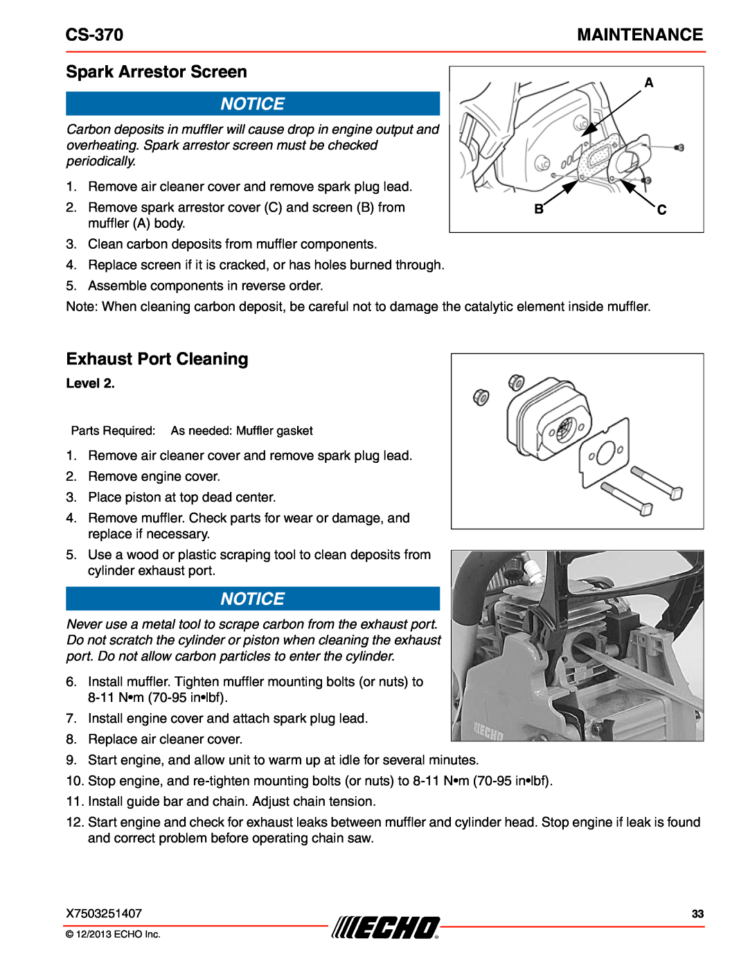 Echo CS-370 instruction manual Spark Arrestor Screen, Exhaust Port Cleaning, Level, Maintenance 