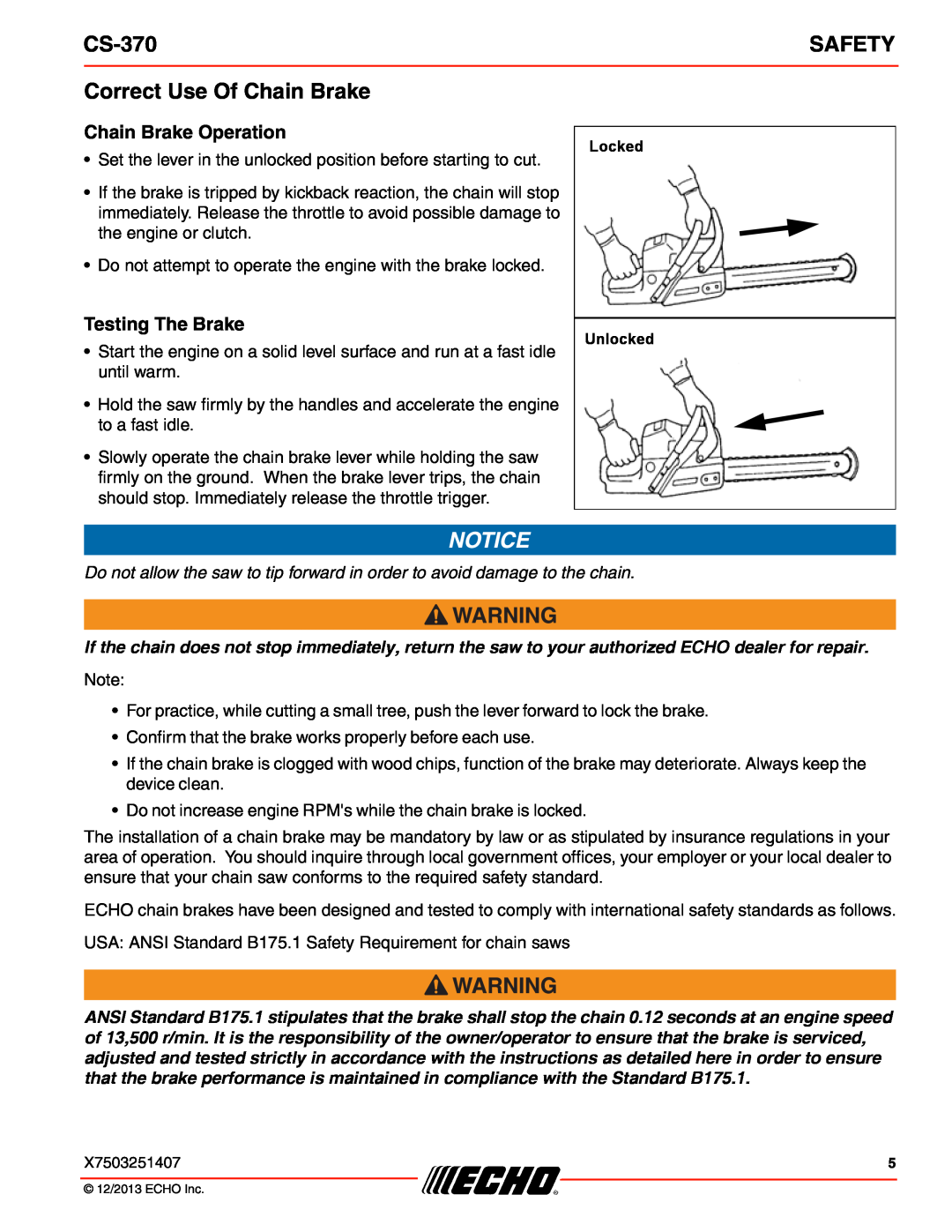 Echo CS-370 instruction manual Correct Use Of Chain Brake, Safety, Chain Brake Operation, Testing The Brake 