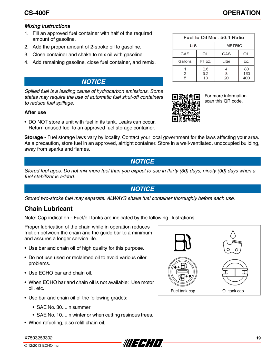 Echo CS-400F instruction manual Chain Lubricant, Mixing Instructions 