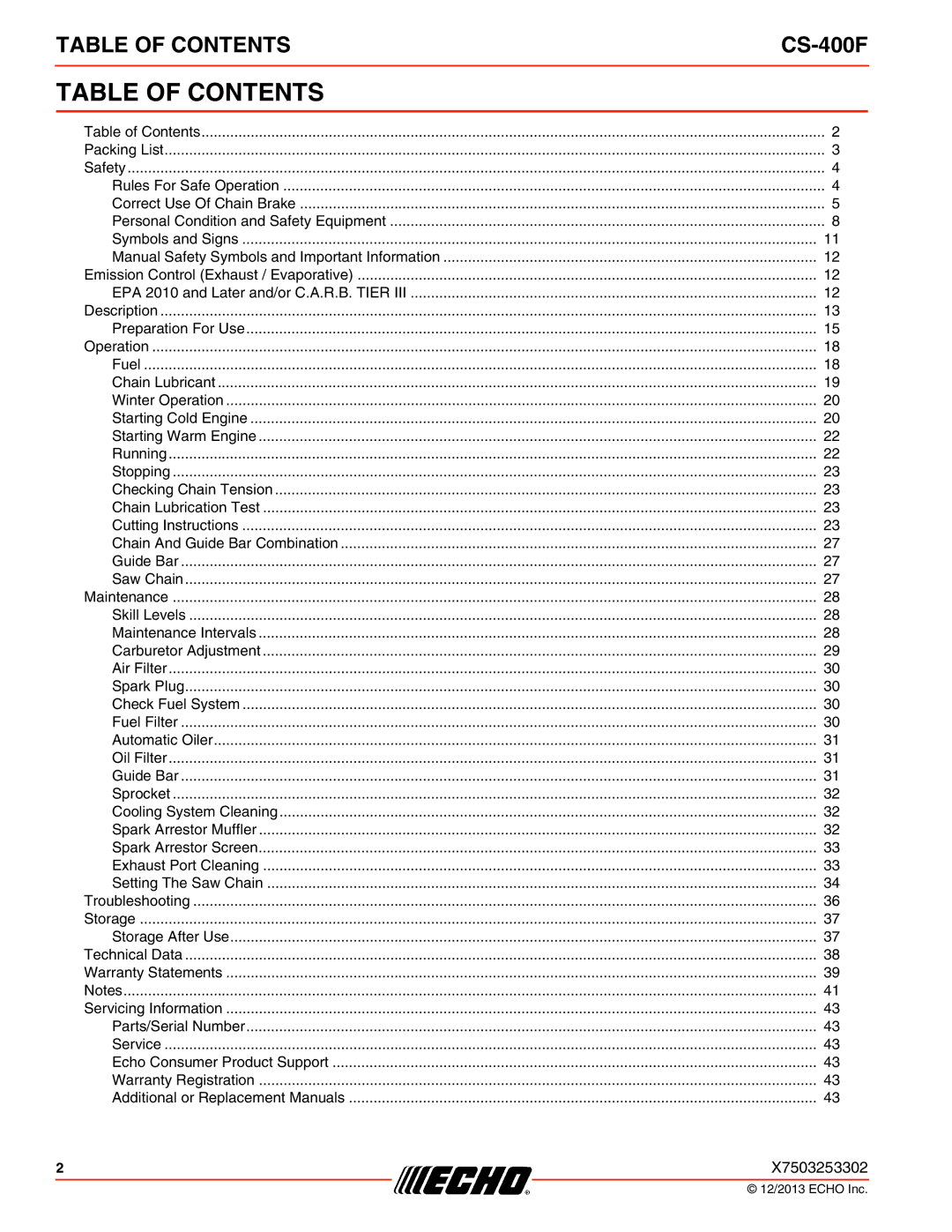 Echo CS-400F instruction manual Table of Contents 