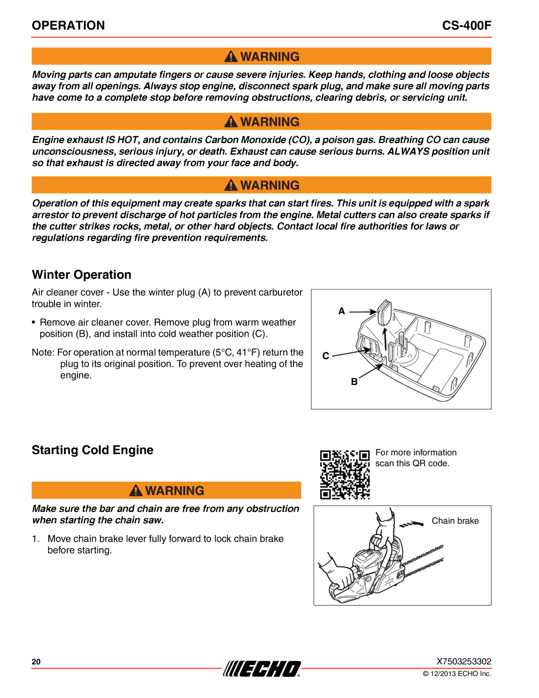 Echo CS-400F instruction manual Winter Operation, Starting Cold Engine 