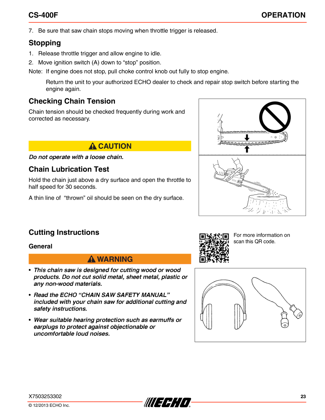 Echo CS-400F instruction manual Stopping, Checking Chain Tension, Chain Lubrication Test, Cutting Instructions, General 