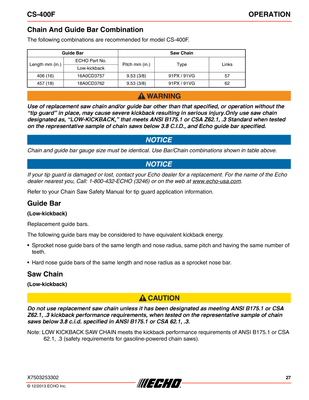 Echo CS-400F instruction manual Chain And Guide Bar Combination, Saw Chain 