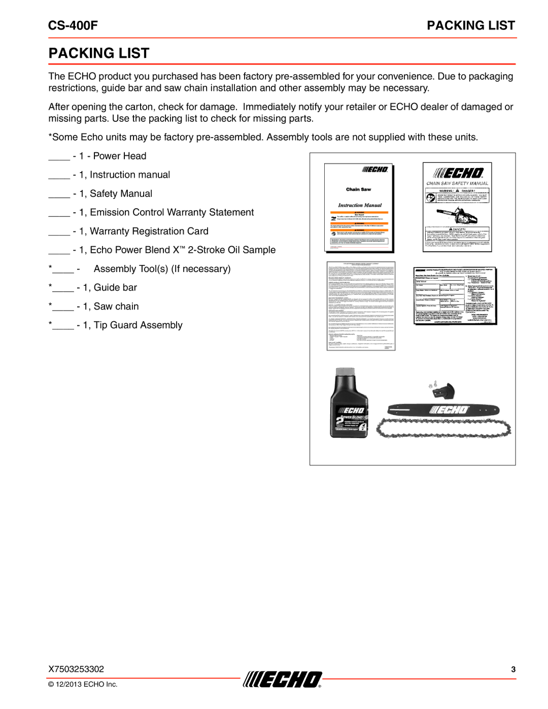 Echo CS-400F instruction manual Packing List 