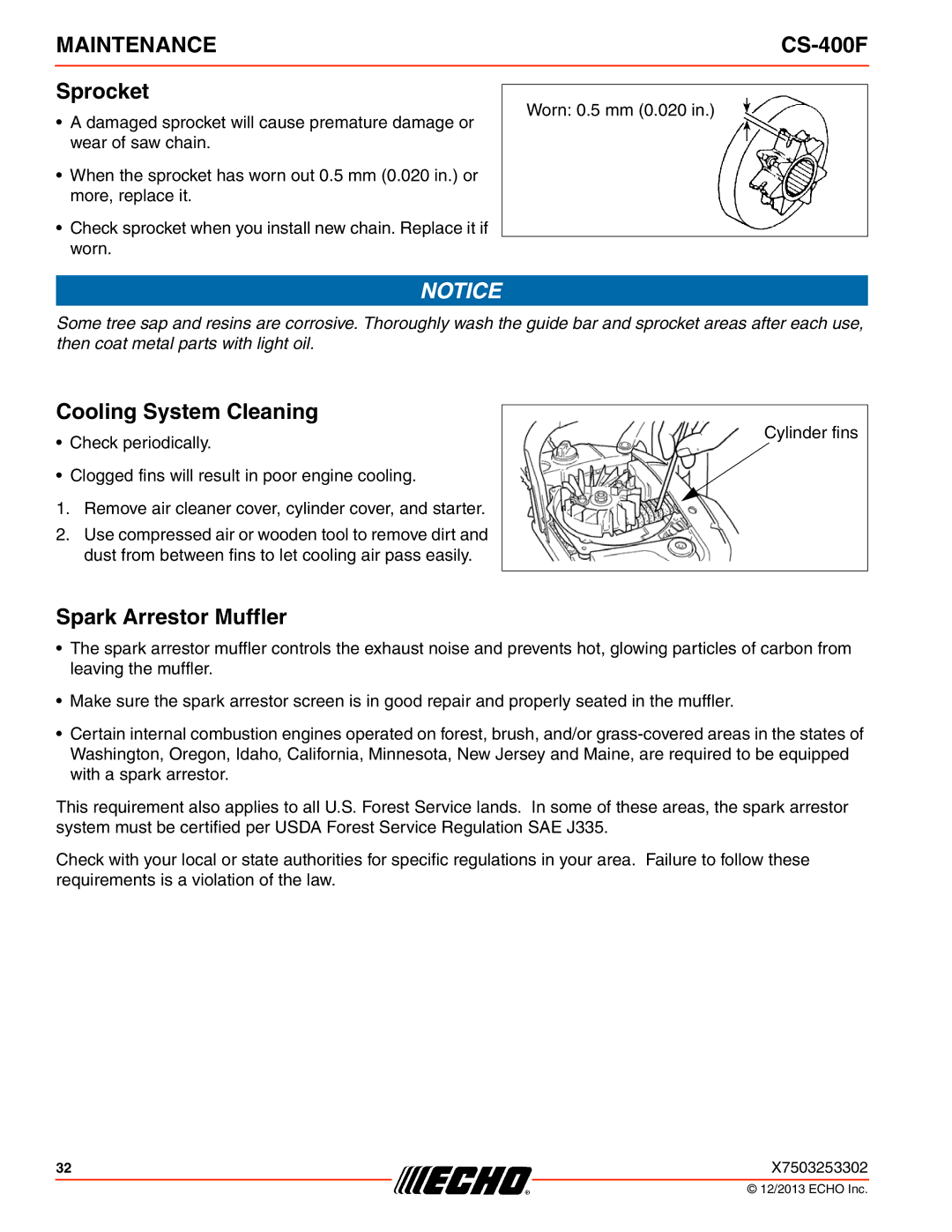 Echo CS-400F instruction manual Sprocket, Cooling System Cleaning, Spark Arrestor Muffler 