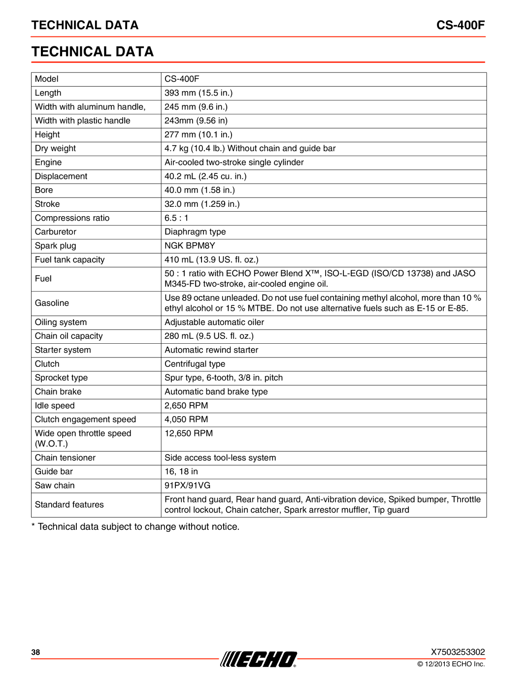 Echo CS-400F instruction manual Technical Data, NGK BPM8Y 