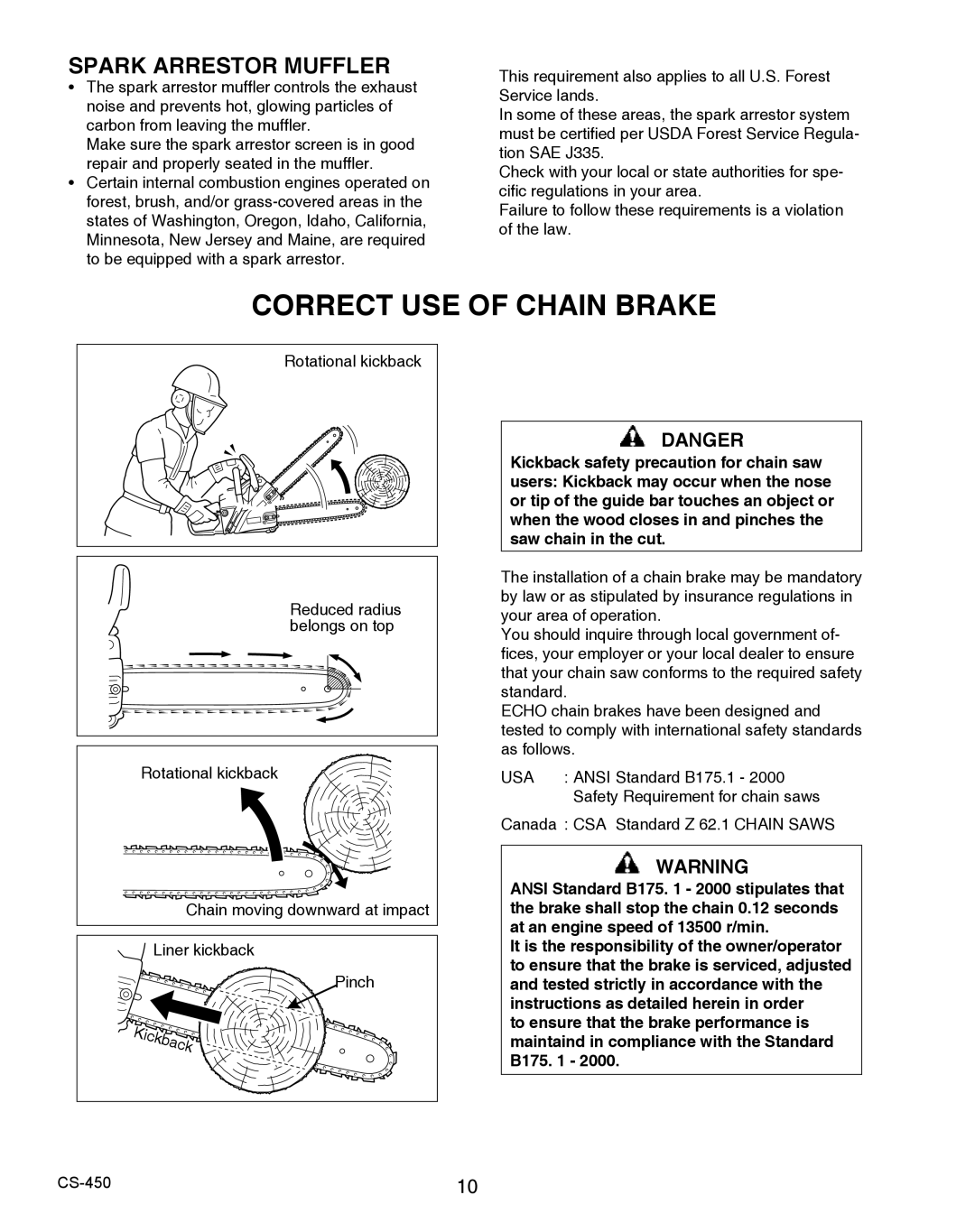 Echo 2CS-450 instruction manual Correct USE of Chain Brake, Spark Arrestor Muffler 