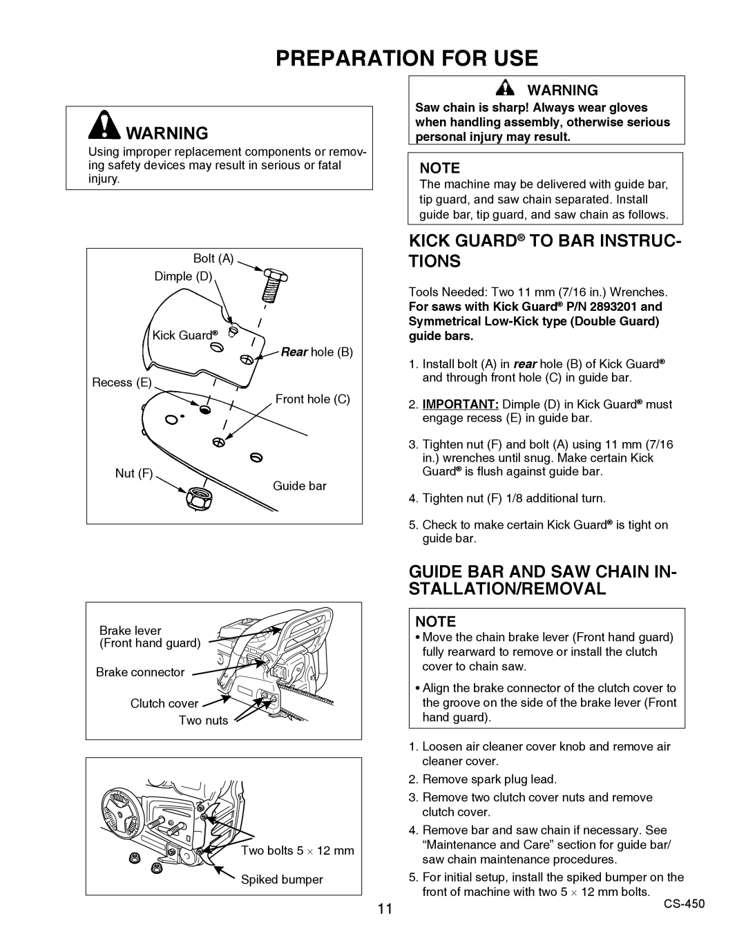Echo 2CS-450 Preparation for USE, Kick Guard to BAR INSTRUC- Tions, Guide BAR and SAW Chain IN- STALLATION/REMOVAL 
