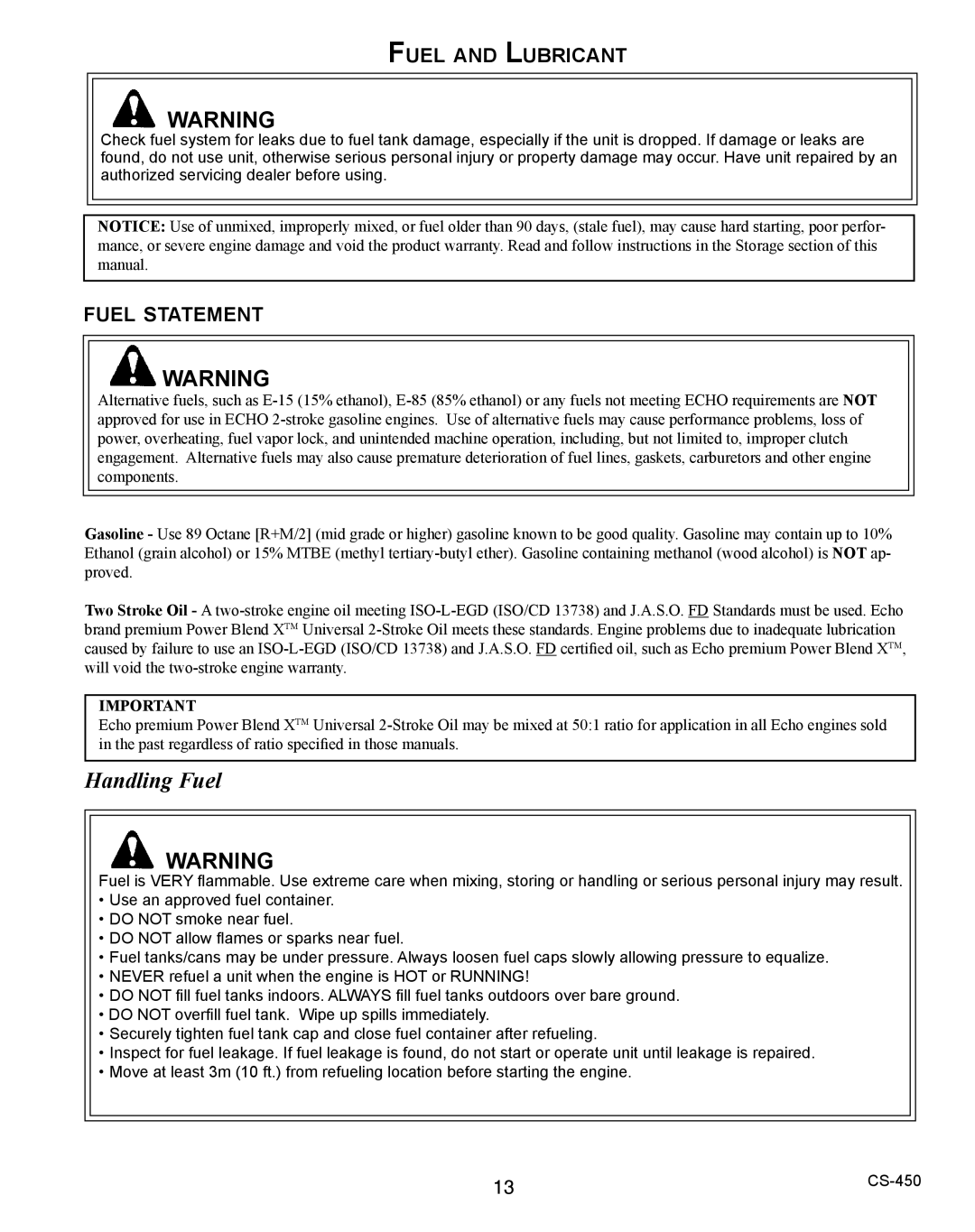 Echo 2CS-450 instruction manual Handling Fuel 