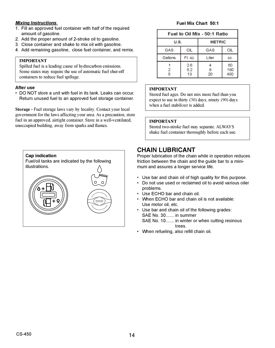 Echo 2CS-450 instruction manual Chain Lubricant, Mixing Instructions 