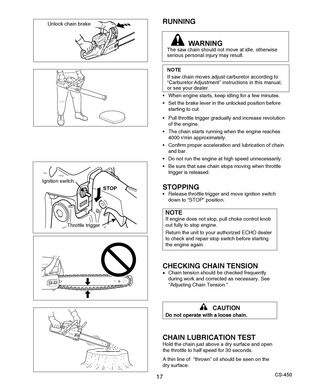 Echo 2CS-450 instruction manual Running, Stopping, Checking Chain Tension, Chain Lubrication Test 