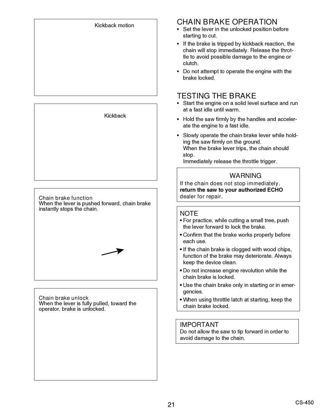 Echo 2CS-450 instruction manual Chain Brake Operation, Testing the Brake 